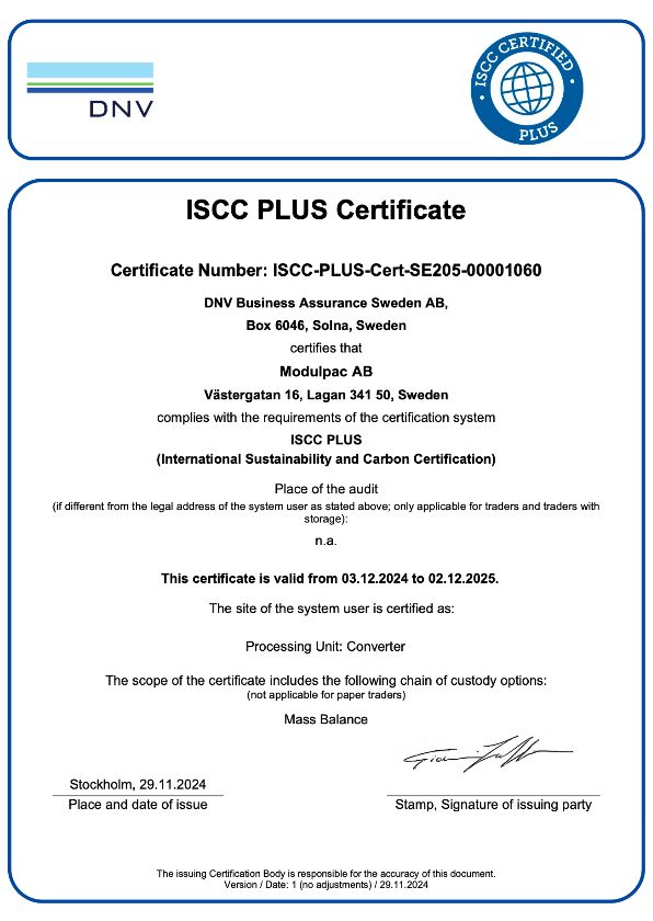 ISCC Plus certificate Modulpac AB